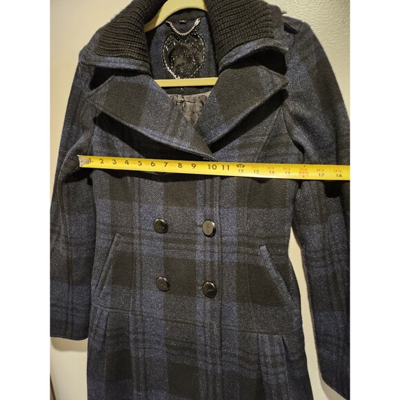 Guess Double-Breasted Skirted Navy & Black Plaid Wool Blend Pea Coat Size Small - Picture 5 of 10